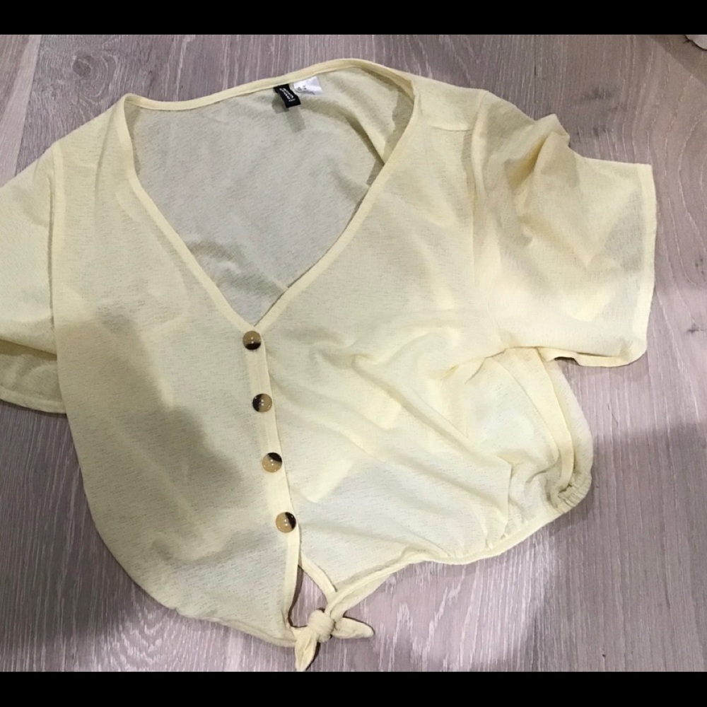 See-through yellow top, bathing suit cover /top.